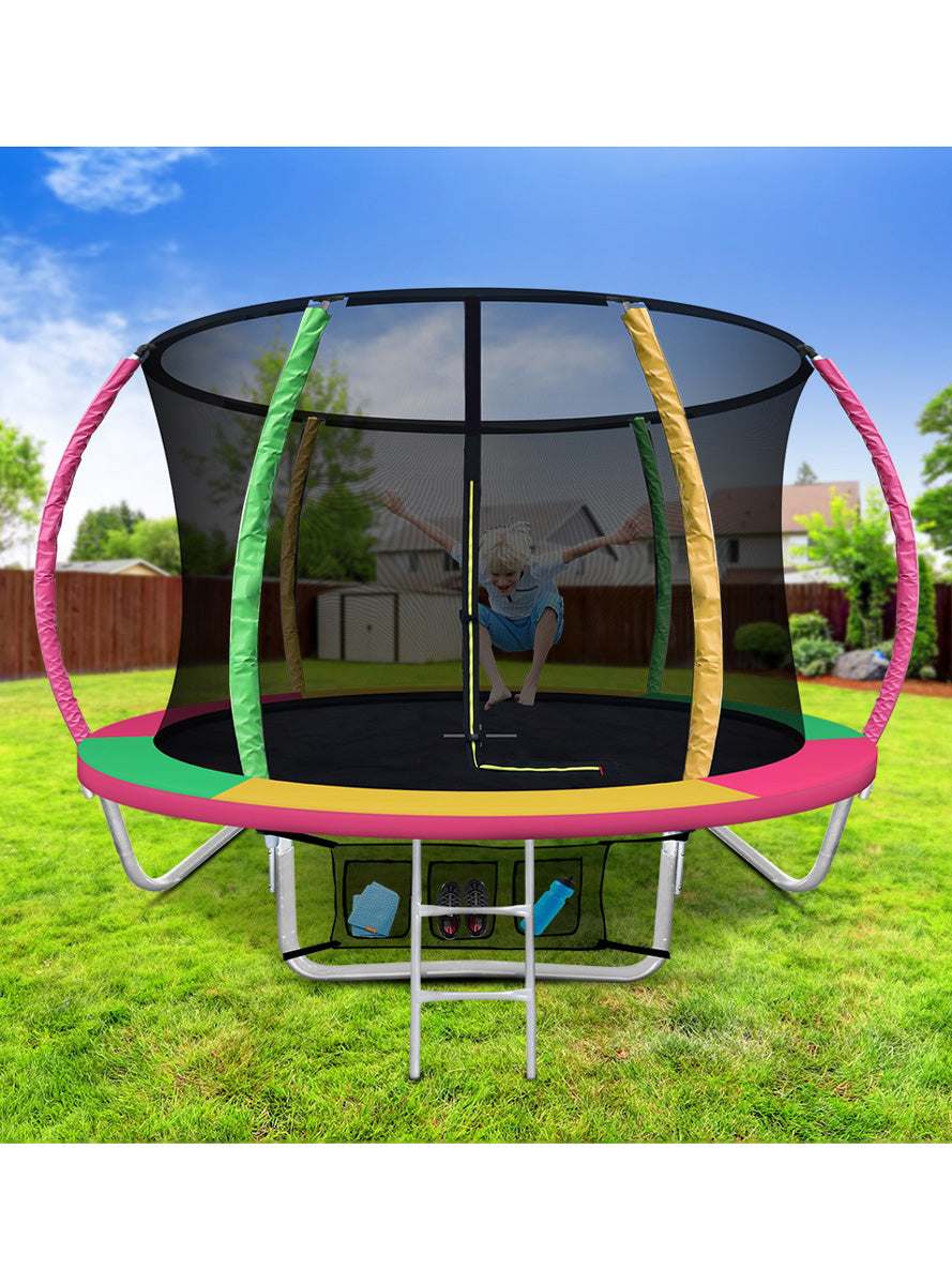 Everfit 8 Foot Pink Yellow And Green Round Trampoline With Safety Net Lifestyle Image