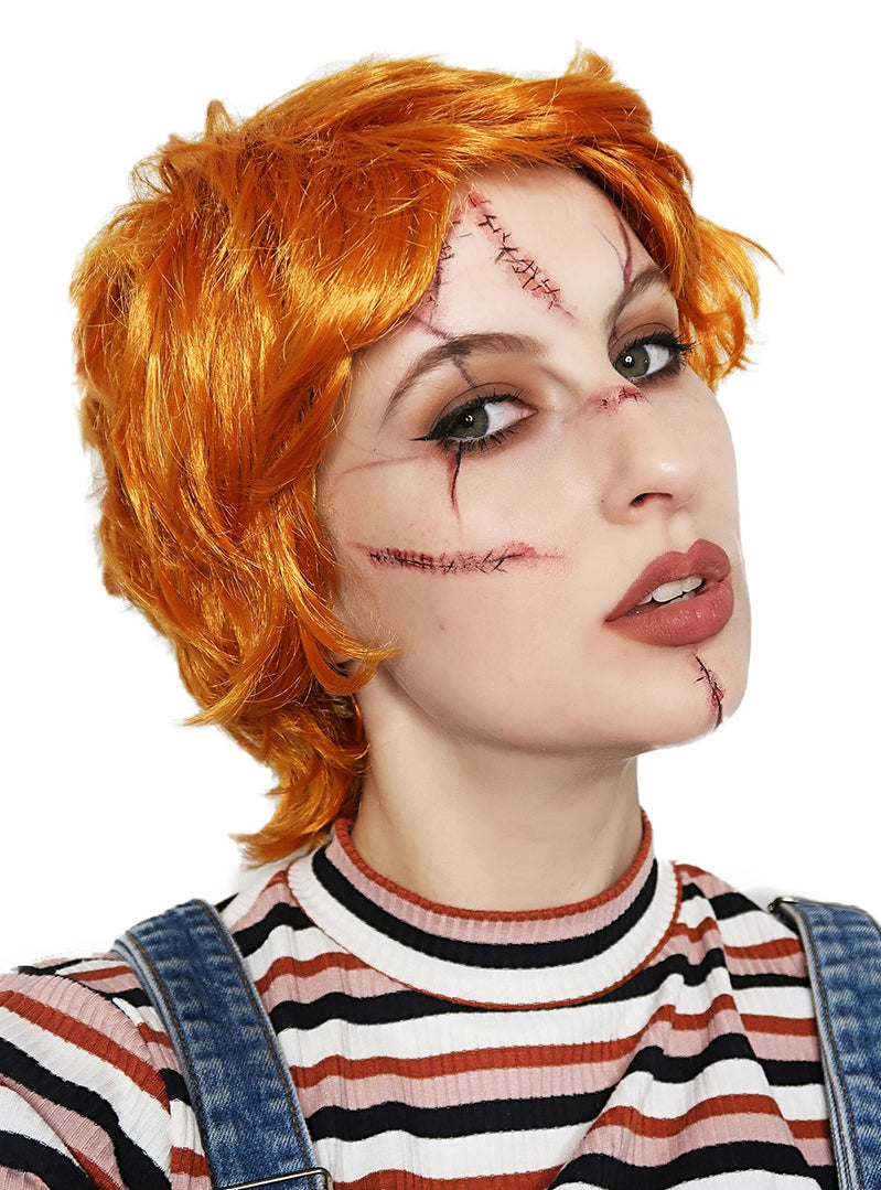 Evil Doll Adults Short Red Costume Wig and Scar Tattoo Set - Alternative Image 4