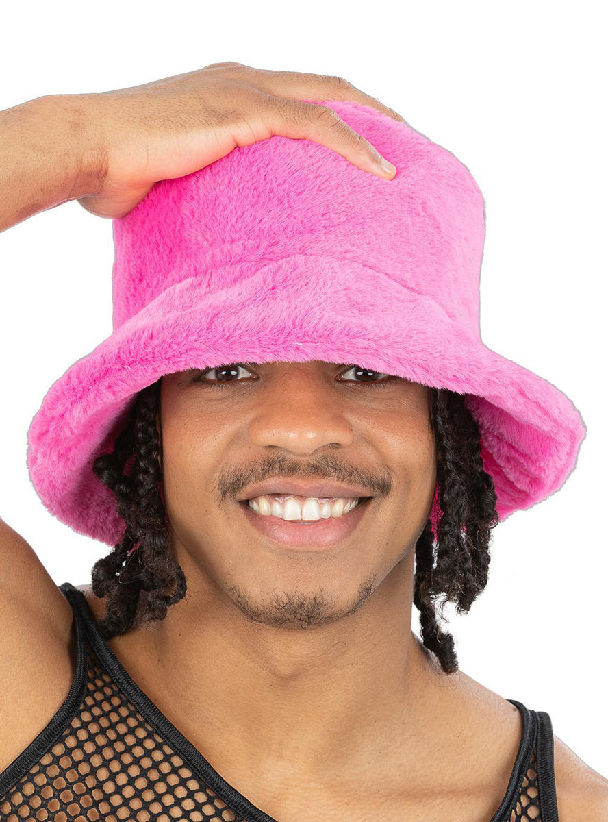 Mens 1990s furry bright pink costume bucket hat - Main image