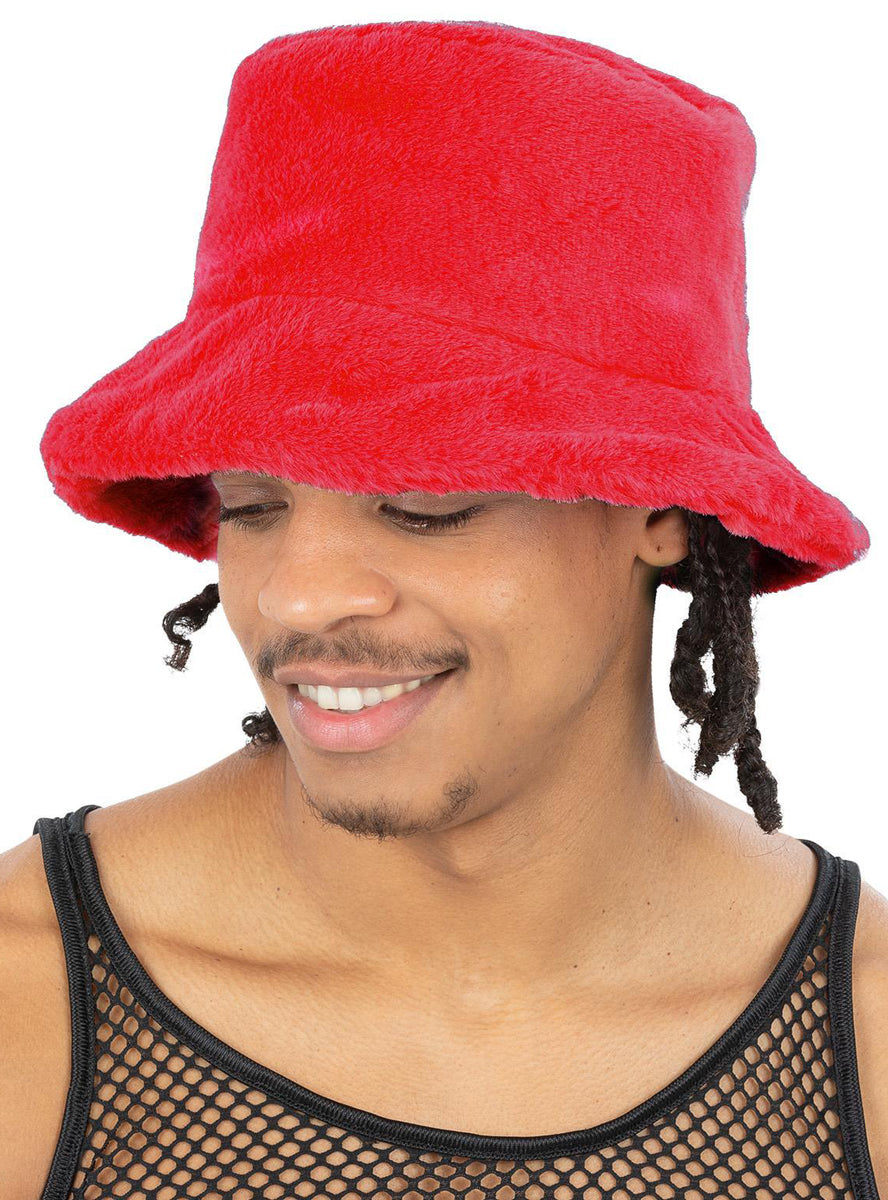 Mens 1990s furry bright red costume bucket hat - Main image