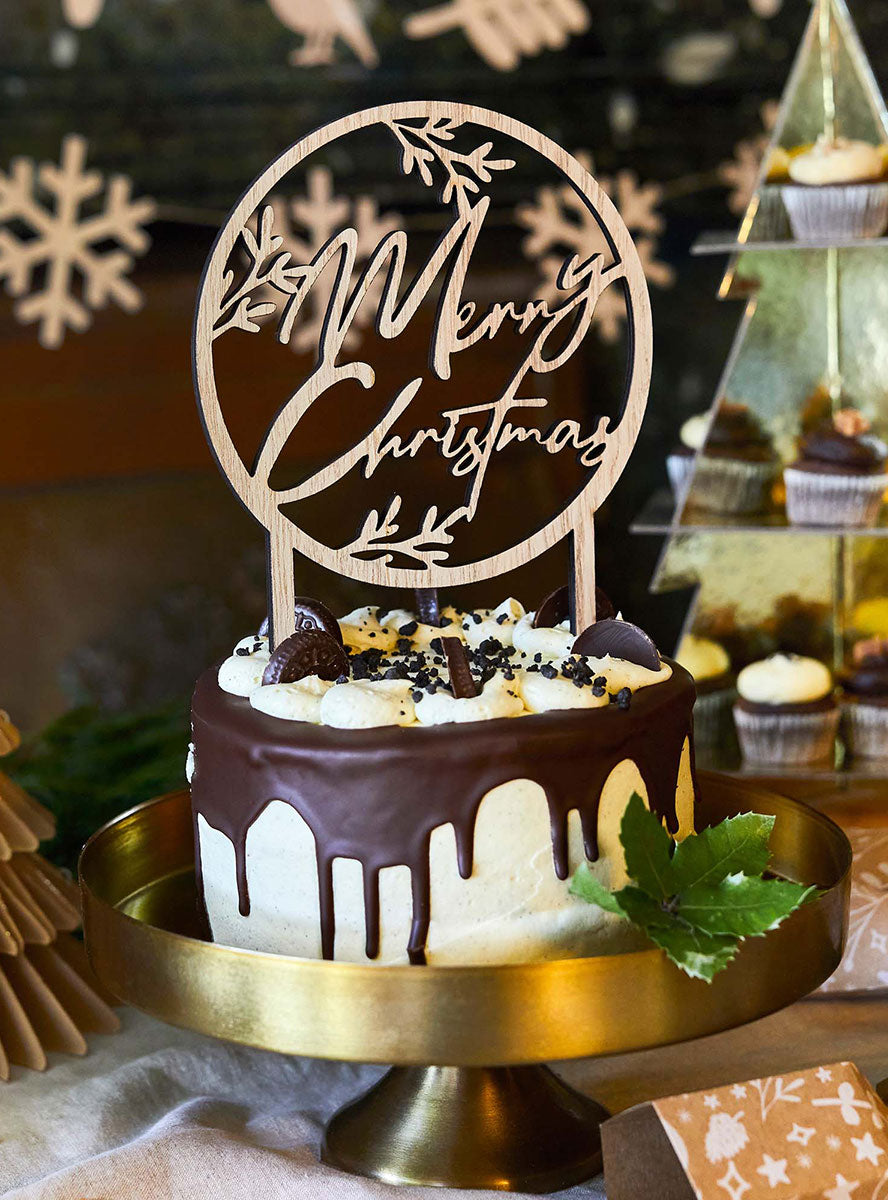 Festive Merry Christmas Wooden Cake Decoration - Lifestyle Image
