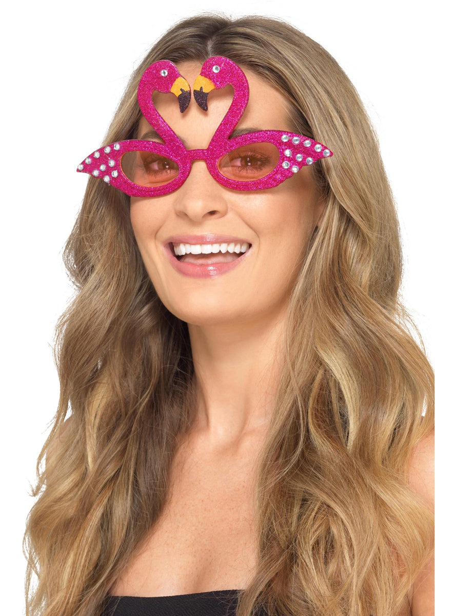Hot Pink Glitter Womens Flamingo Costume Glasses - Main Image