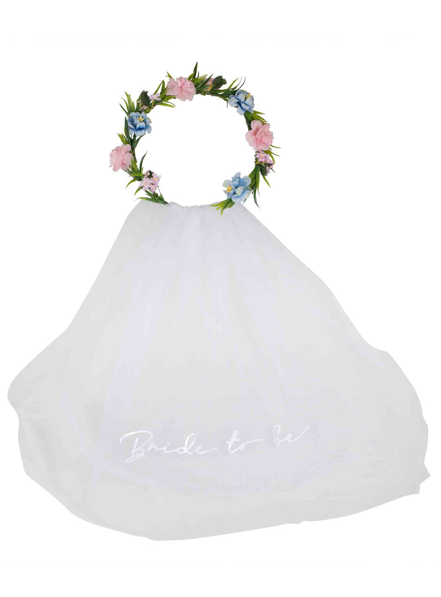 white bride flower crown with veil - main image