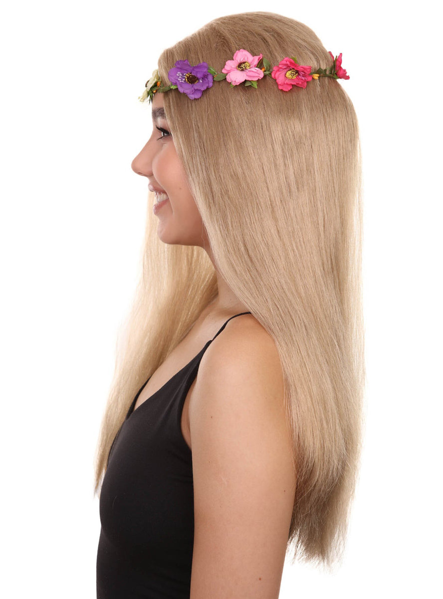 Flower Crown Hippie Womens Blonde Costume Wig - Side Image 2