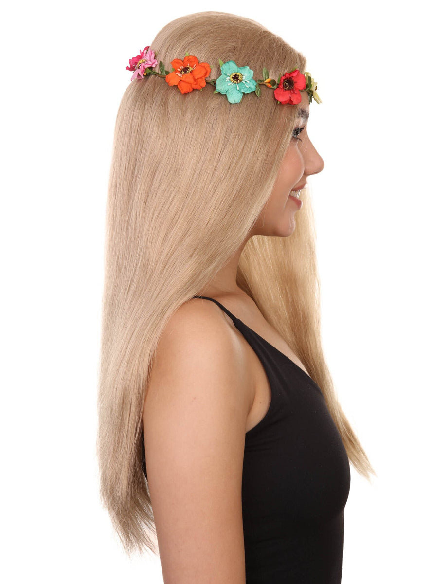Flower Crown Hippie Womens Blonde Costume Wig - Side Image 3
