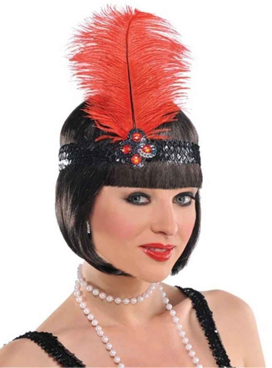 1920s Black Sequin Headband with Red Feather