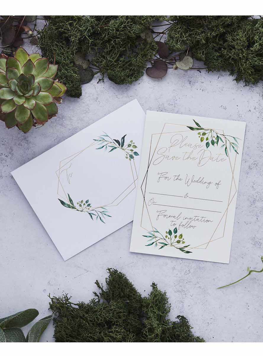 Geometric Greenery 25 Pack Save The Date Cards and Envelopes - Lifestyle Image