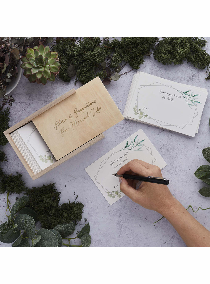 Geometric Greenery Bridal Shower Wooden Advice Box with 50 Cards - Lifestyle Image