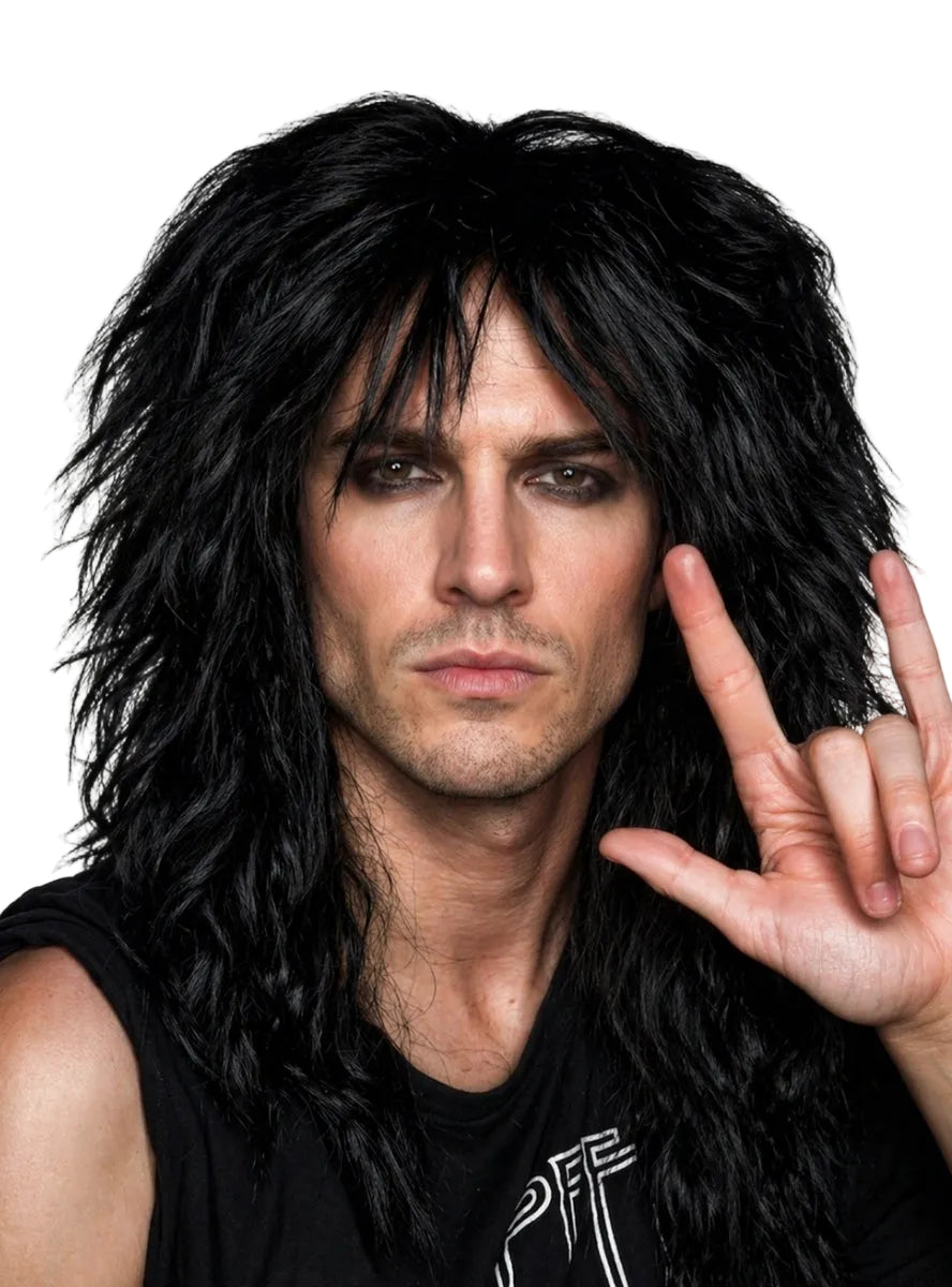 Glam Rock God Mens Black 80s Costume Wig - Main Image