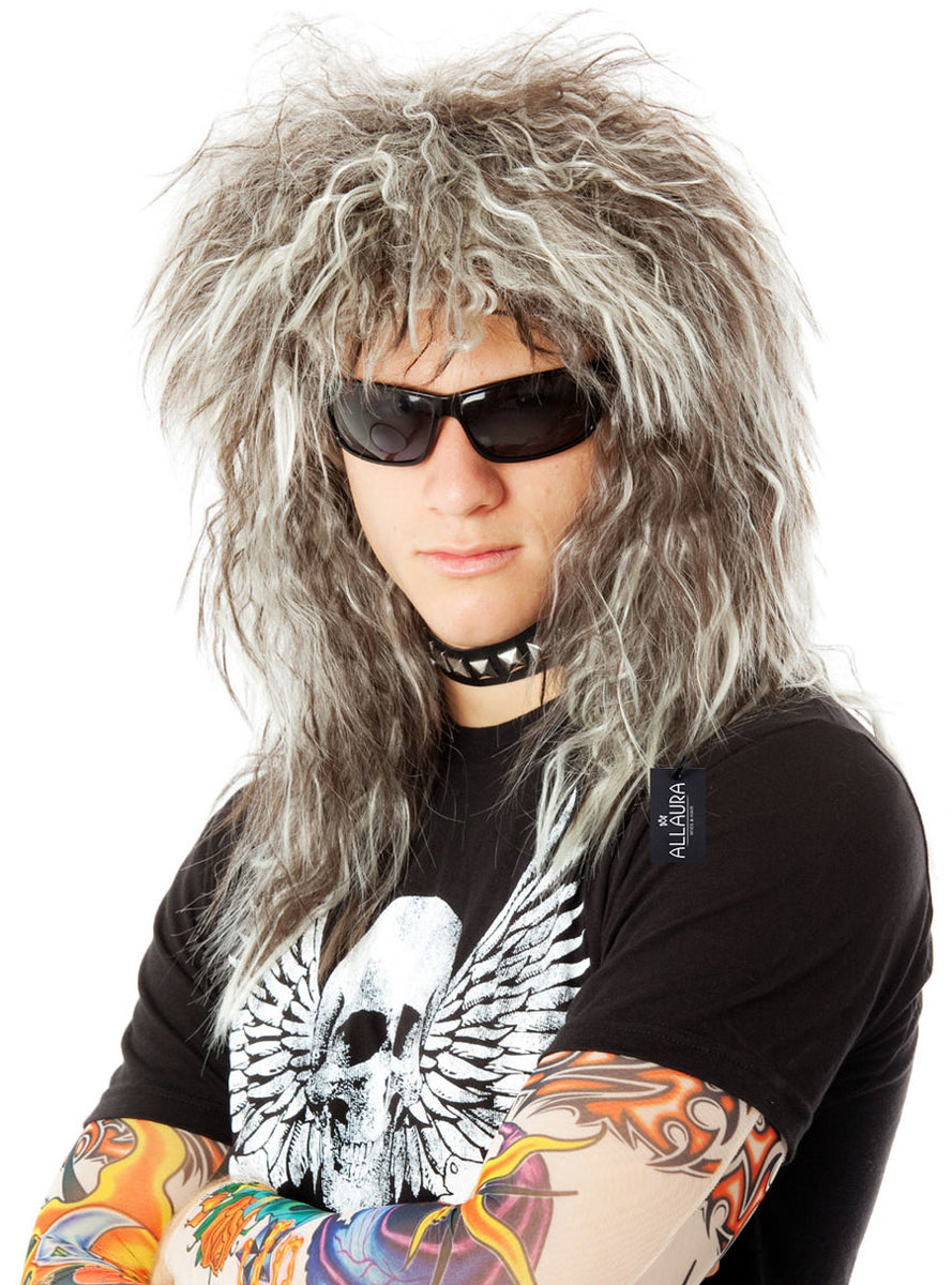 Glam Rock God Mens Long 80s Costume Wig and Tattoo Sleeves Costume Set - Main Image