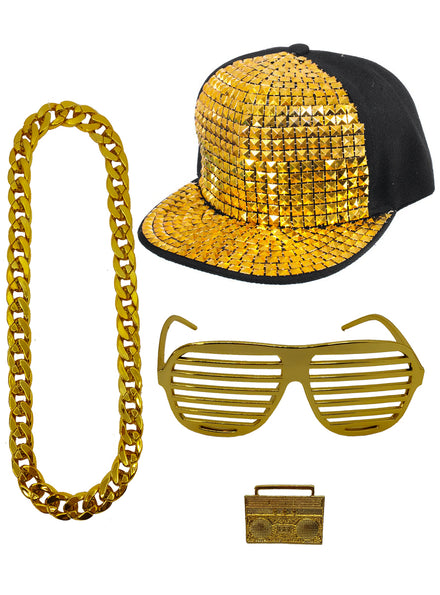 90s Hip Hop Gold Hat Glasses and Jewellery Costume Accessory Set - Main Image
