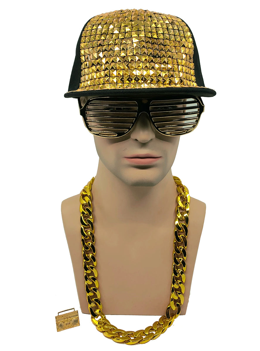 90s Hip Hop Gold Hat Glasses and Jewellery Costume Accessory Set - Alternative Image