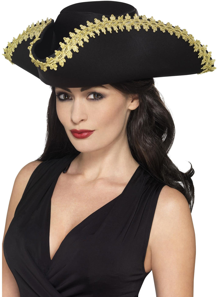 Womens Black and Gold Tricorn Pirate Hat