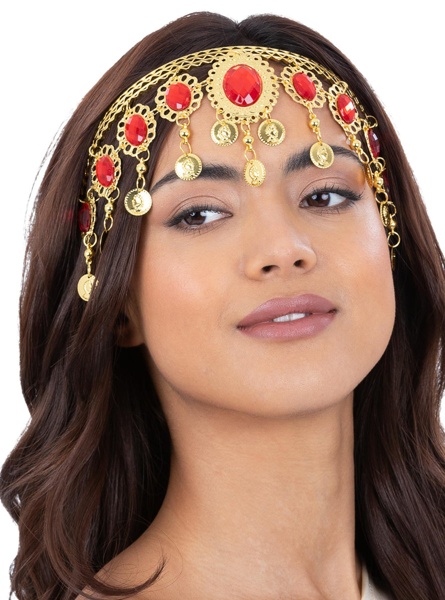 Gold Grecian Goddess Womens Headdress with Rubies - Main Image