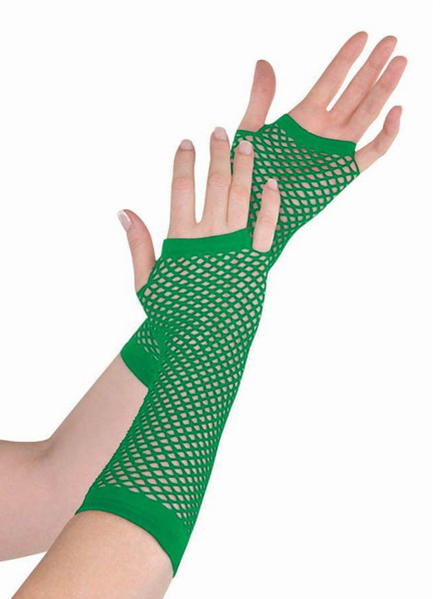 Green Elbow Length Fingerless Fishnet Gloves