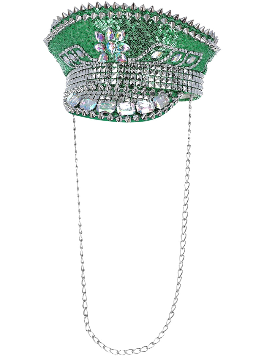 Deluxe Studded Green Sequin Festival Hat - Main Image