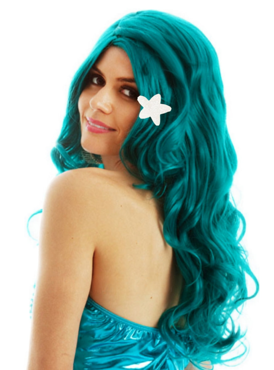 Green Mermaid Womens Deluxe Long Curly Costume Wig - Alternative Image