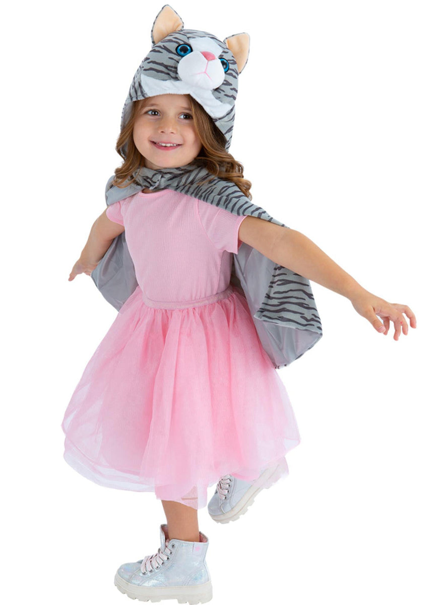 Girls Grey Kitten Plush Hooded Animal Costume Cape - Alternative Image