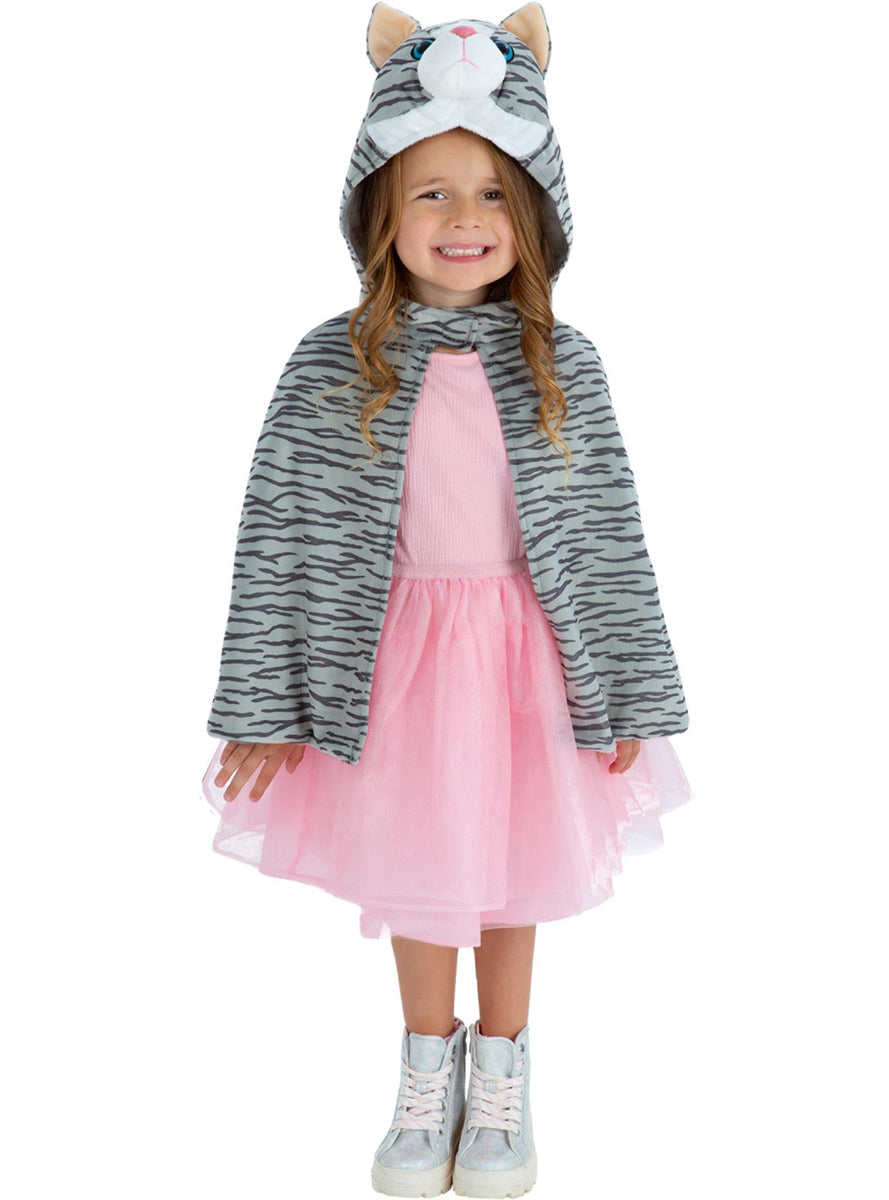 Girls Grey Kitten Plush Hooded Animal Costume Cape - Main Image