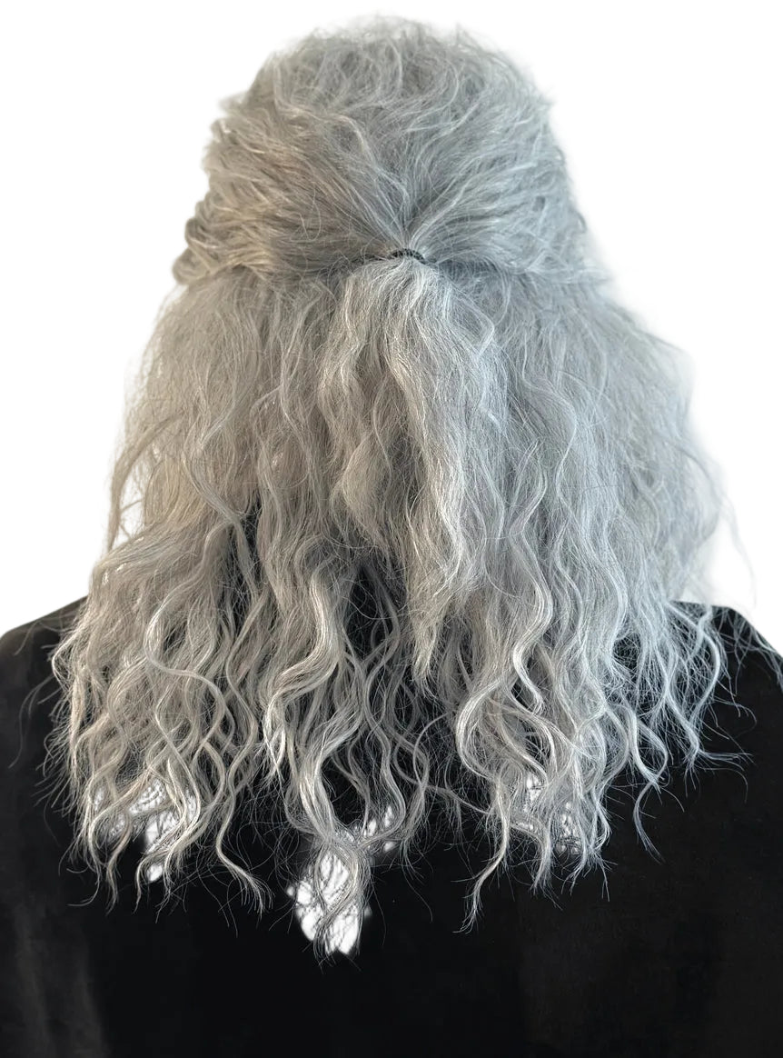 Grey Witcher Warrior Mens Wavy Costume Wig with Half Ponytail - Back Image