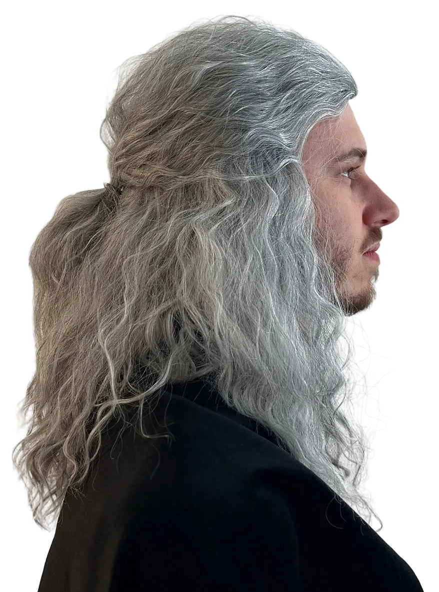 Grey Witcher Warrior Mens Wavy Costume Wig with Half Ponytail - Side Image 2