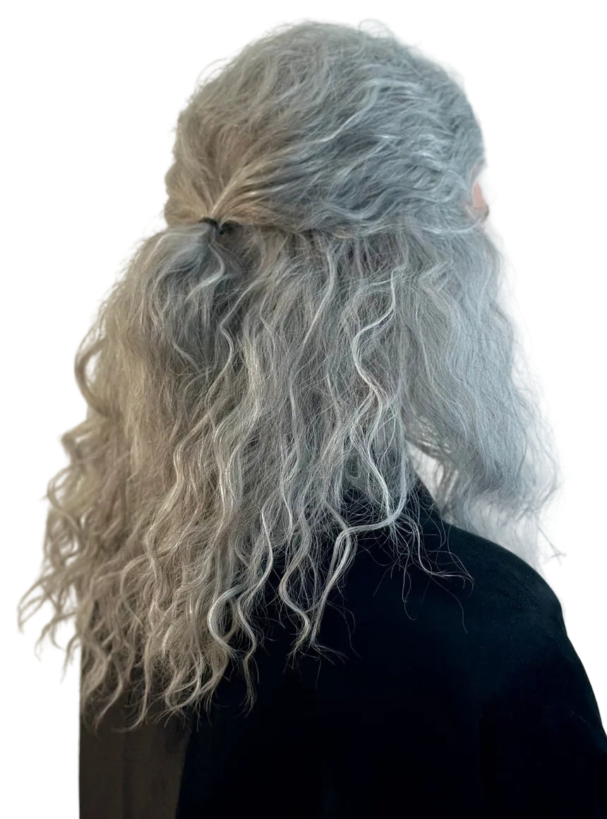 Grey Witcher Warrior Mens Wavy Costume Wig with Half Ponytail - Side Image 3