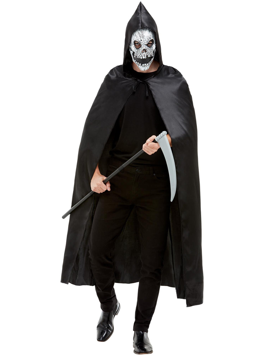 Grim Reaper Mens Black Cape Mask And Scythe Costume Accessory Set - Main Image
