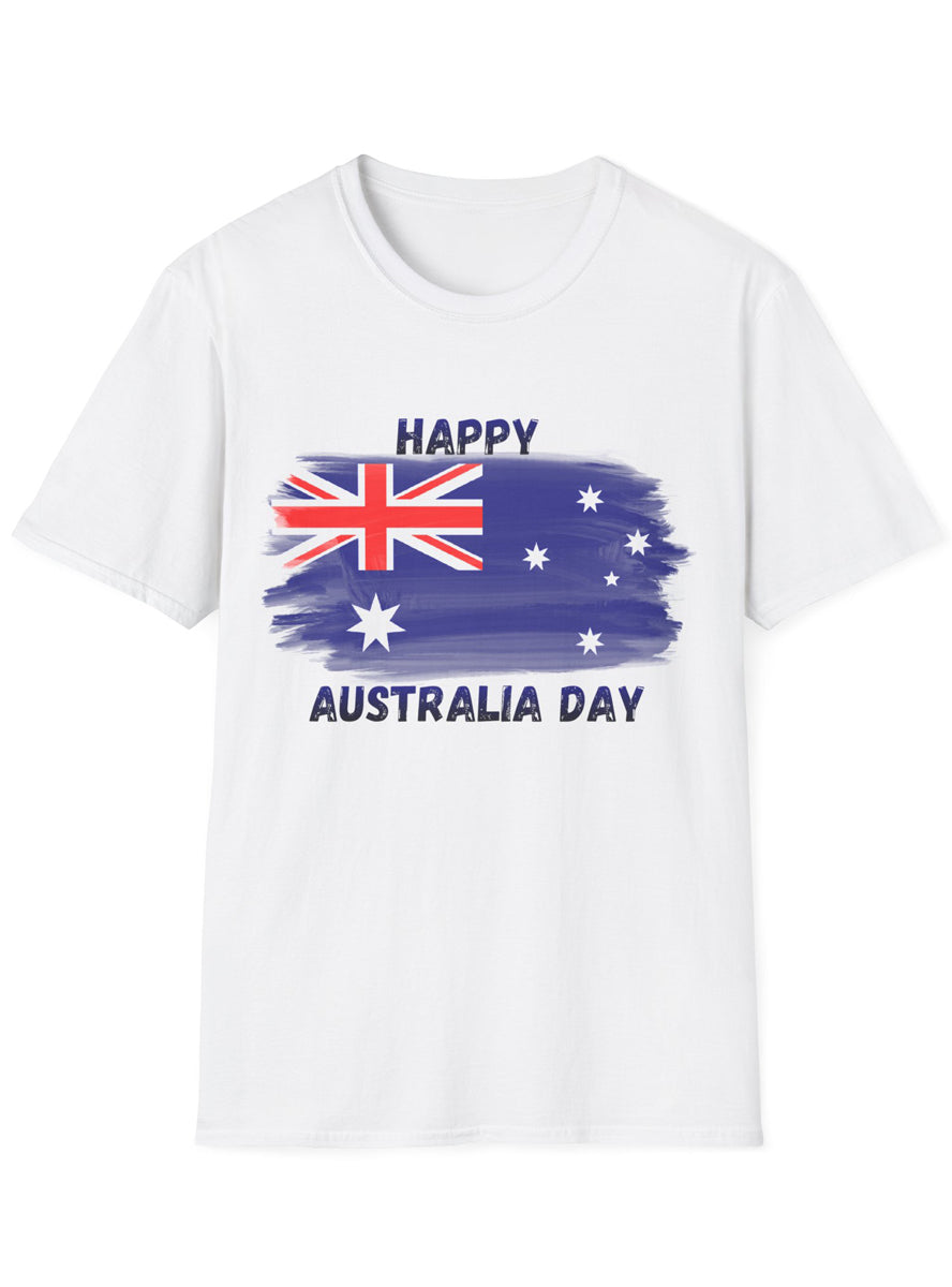 Adults White Plus Size T-Shirt with Happy Australia Day Flag Print