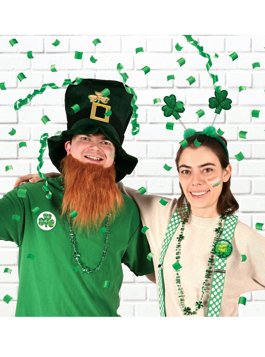 Happy St Pats 2 Pack Green Shamrock Badges - Lifestyle Image