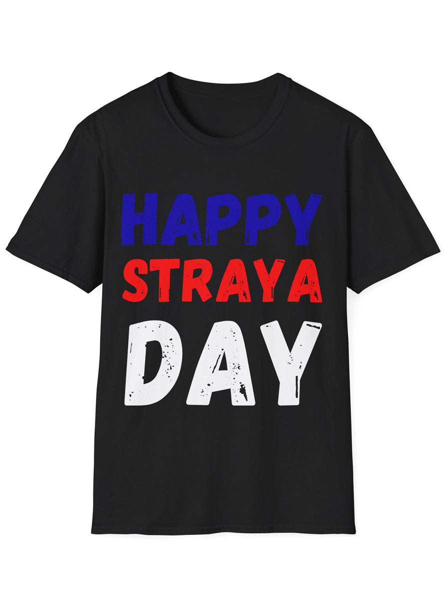 Adults Black T-Shirt with Happy Straya Day Print