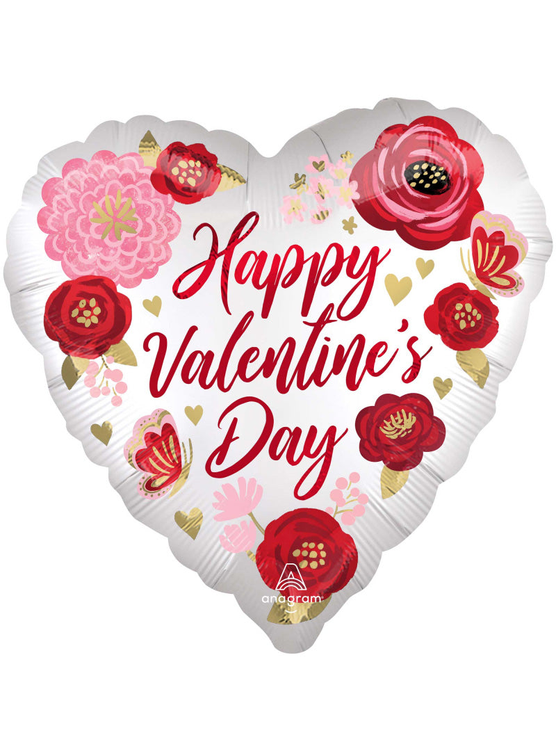 Happy Valentines Day Satin Painted Flowers 71cm Jumbo Shape Foil Balloon - Main Image