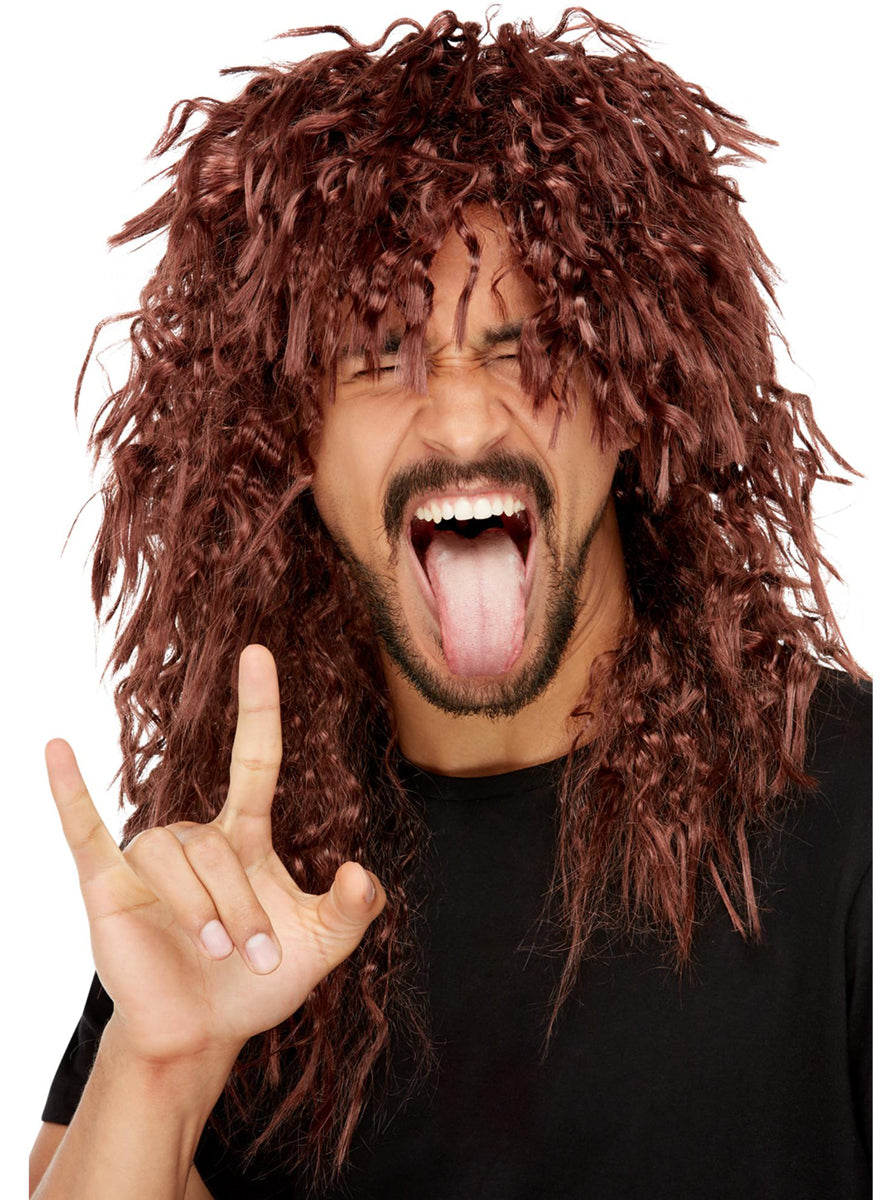 Mens Reddish Brown Curly Long Mullet Costume Wig