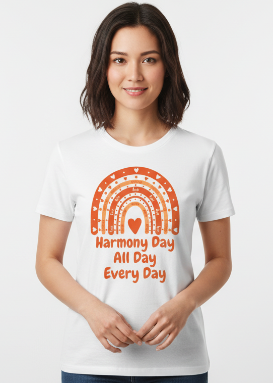 Adults White T-Shirt with Harmony Day All Day Every Day Print Main Image