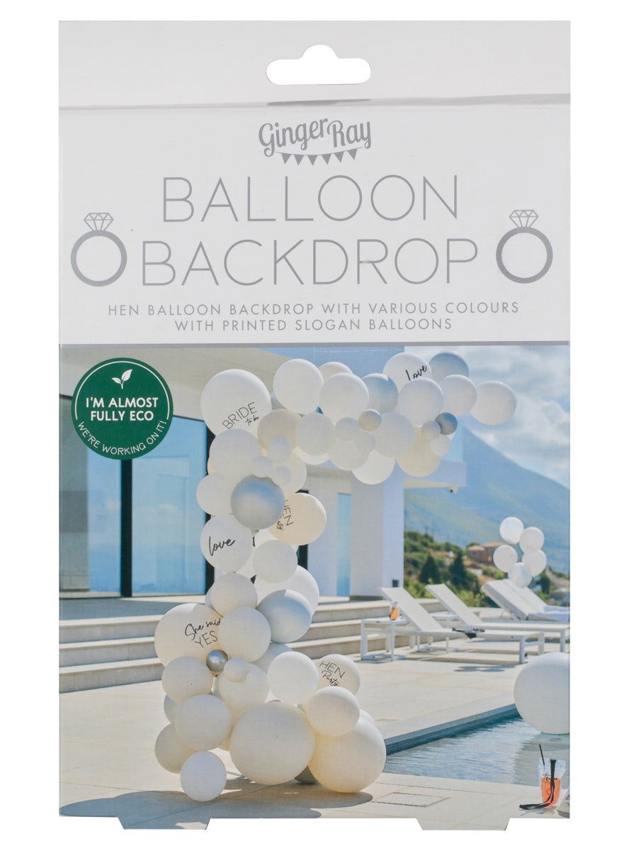 white balloon backdrop hens party - packaging image