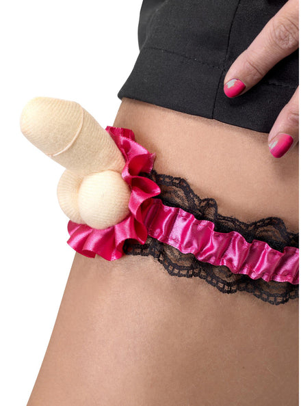 Pink Novelty Hens Night Leg Garter with Plush Willy Attachment - Main Image