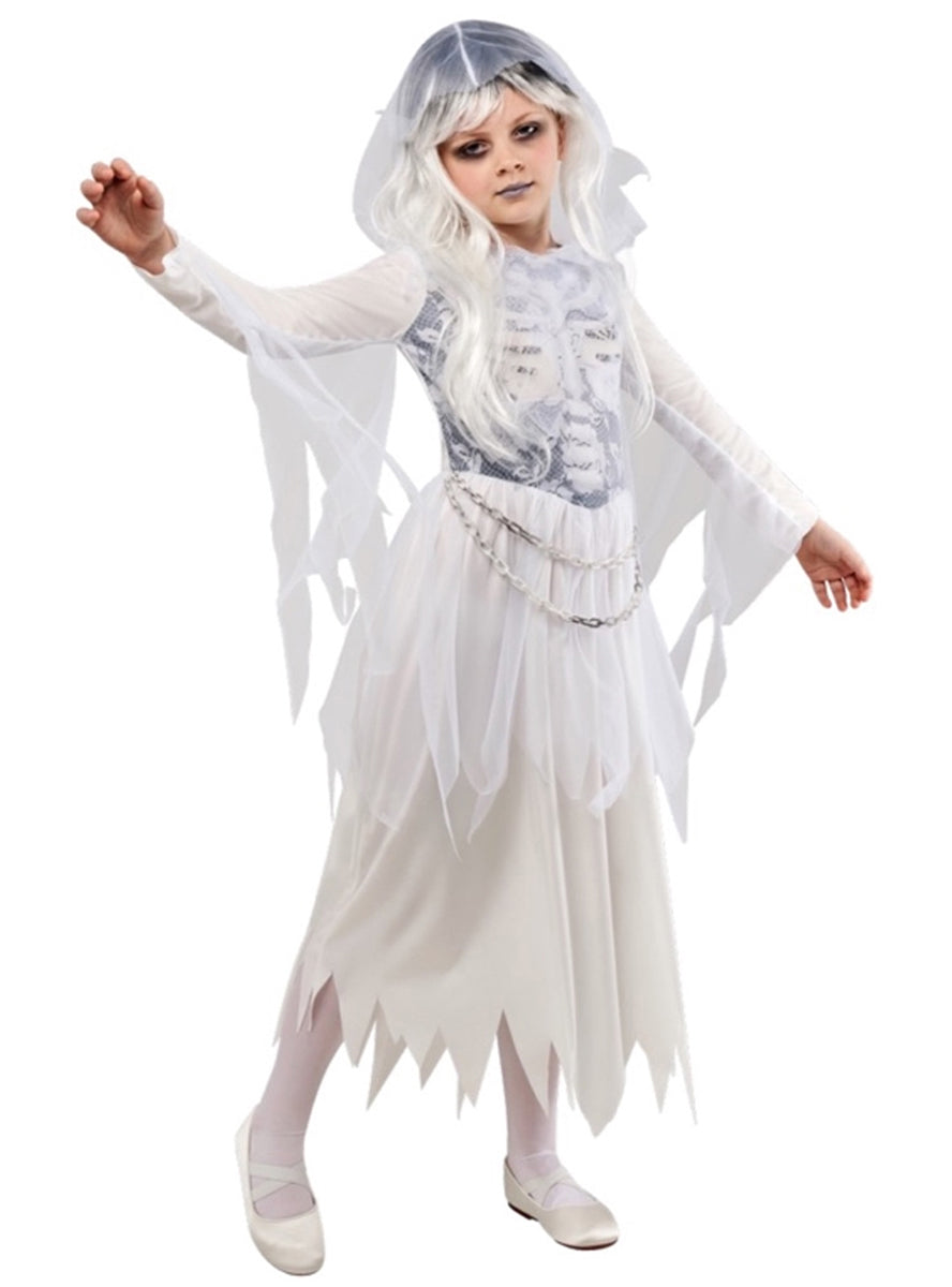 Hooded White Ghost Girls Halloween Costume - Alternative Image