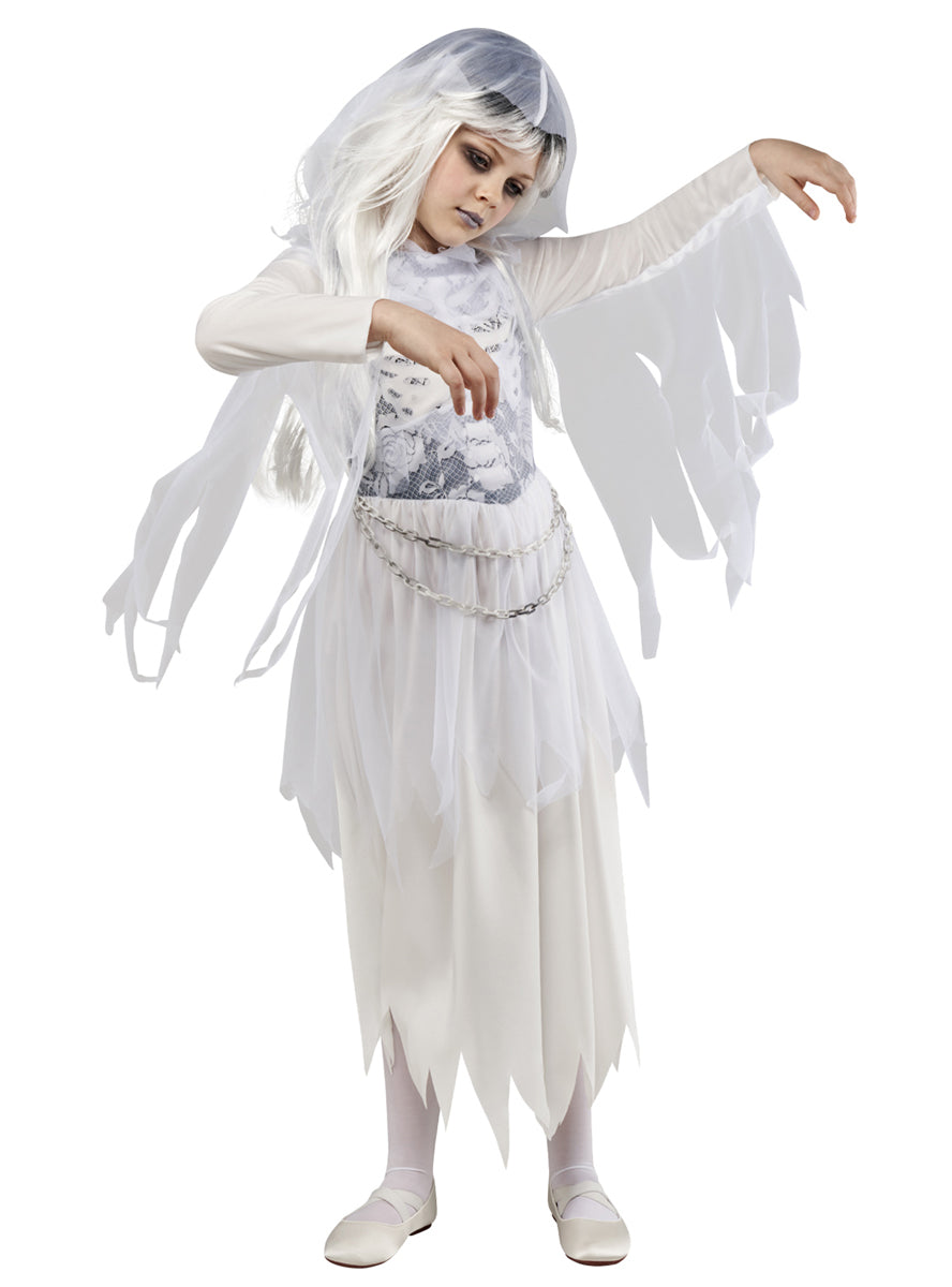 Hooded White Ghost Girls Halloween Costume - Main Image