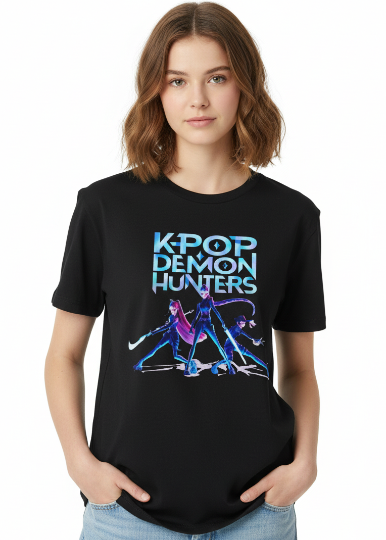 Teens Black K-Pop T-Shirt with Huntrix Fight Mode Print - Main Image