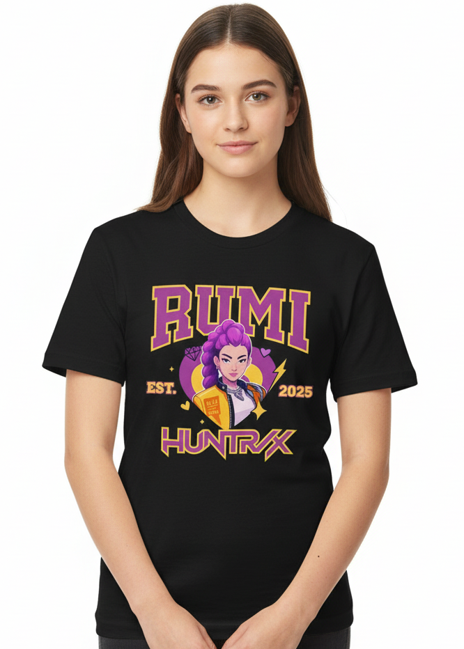 Teens Black T-Shirt with Huntrix KPop Girl Band Singer Rumi Print Main Image