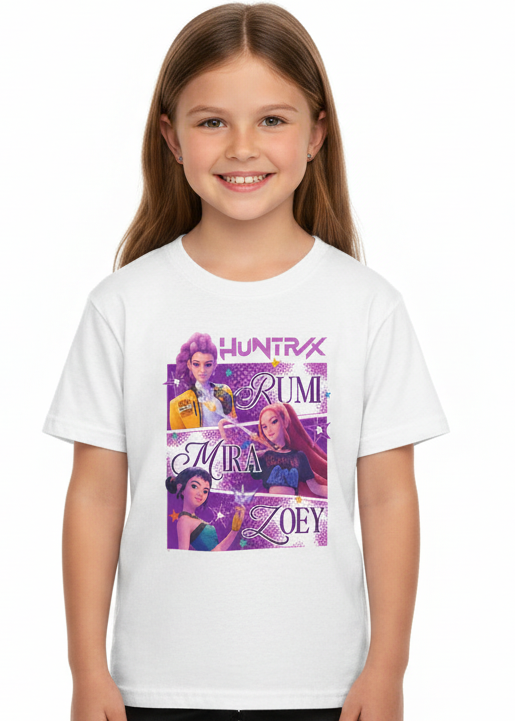 Girls White K-Pop T-Shirt with Huntrix Rumi Mira Zoey Print - Main Image