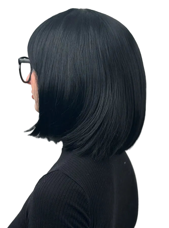 Incredible Edna Womens Black Bob Costume Wig with Fringe and Glasses - Side Image