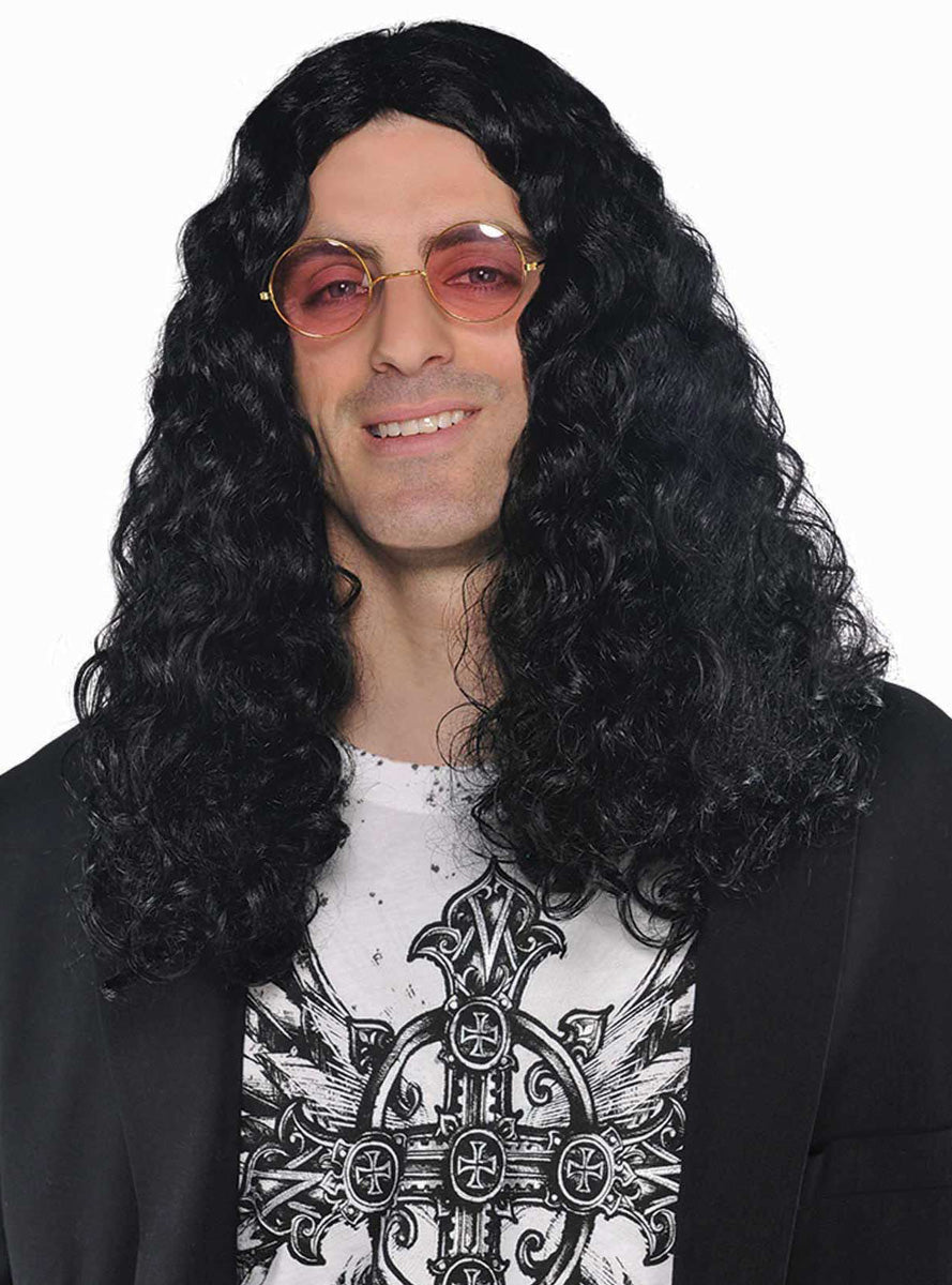 Mens Long Black Curly 80s Costume Wig