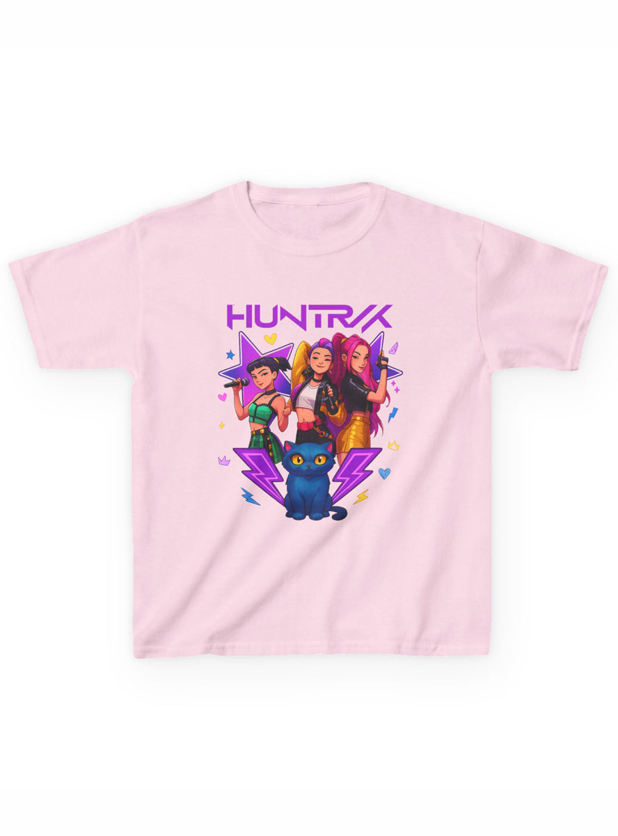 Teens Light Pink K-Pop T-Shirt with Huntrix Girls and Demon Cat Print - Main Image