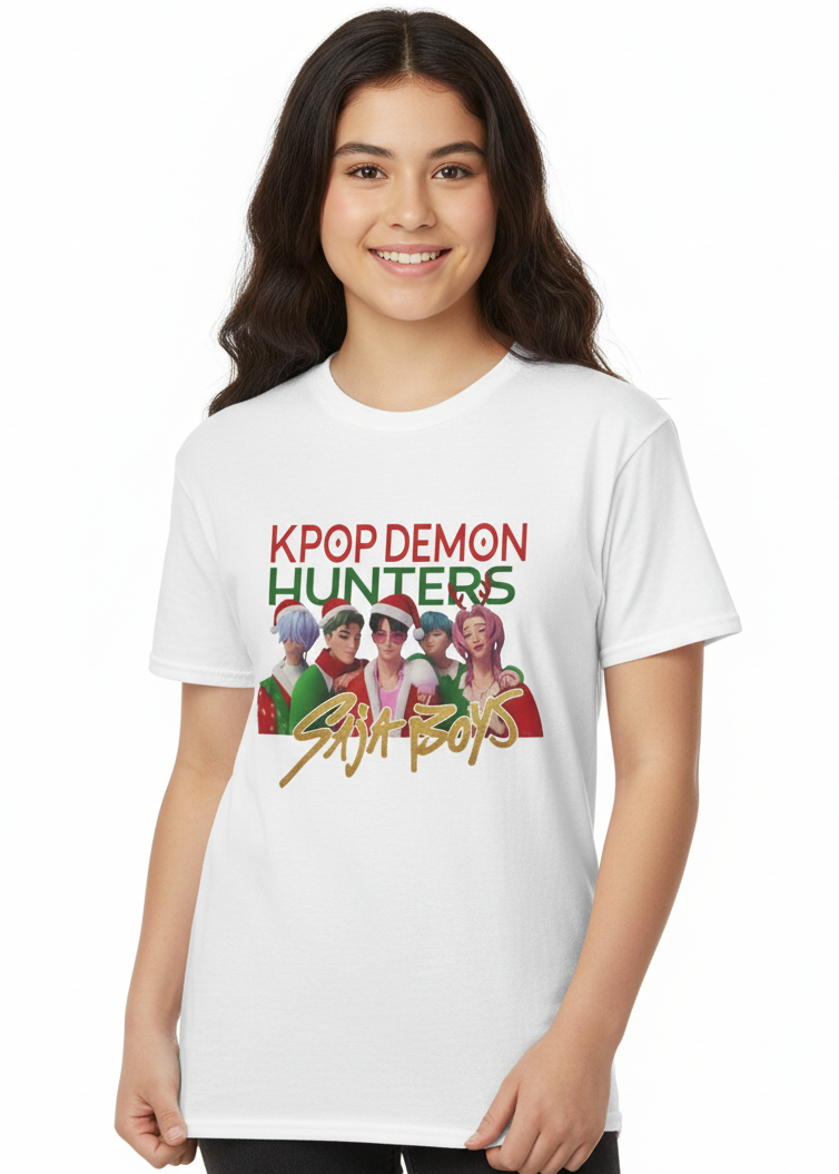Teens White Christmas T-Shirt with KPop Demon Hunters Saja Boys Print Main Image