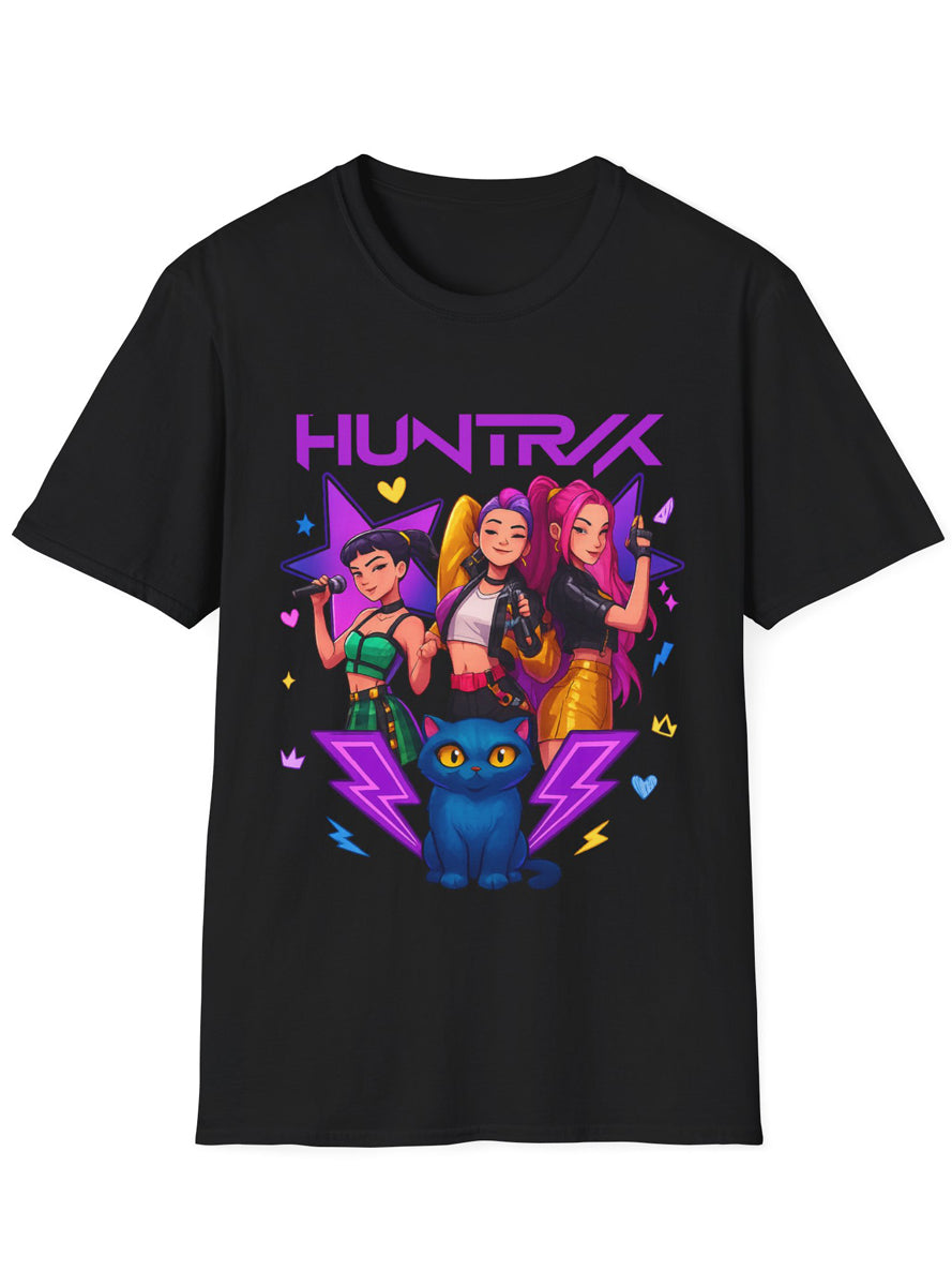 Adults Black Plus Size T-Shirt with KPop Huntrix Girls and Demon Cat Print