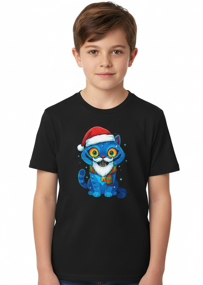 Kids Black Christmas T-Shirt with KPop Blue Demon Cat Print Main Image
