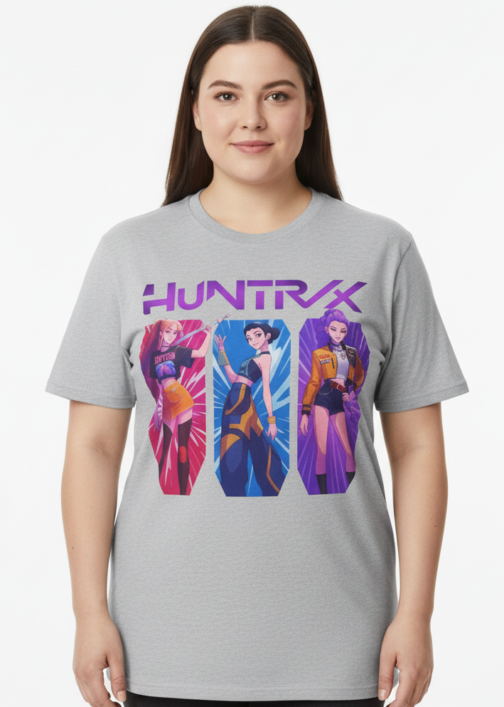 Adults Grey Plus Size T-Shirt with KPop Favorite Huntrix 3 Girls Print Main Image