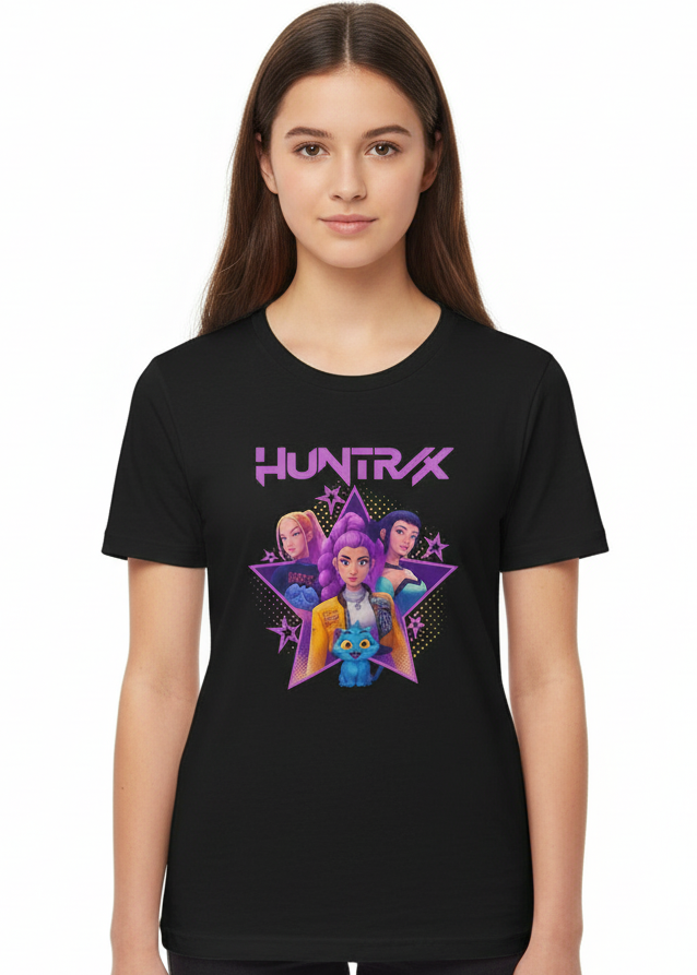 Teens Black T-Shirt with KPop Star Girls and Demon Cat Print Main Image