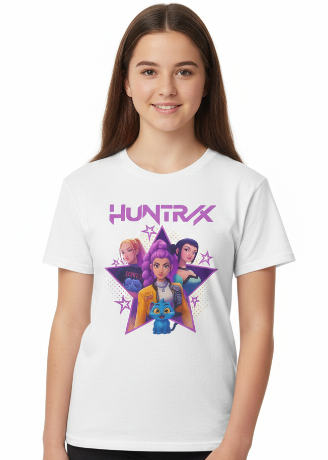 Teens White T-Shirt with KPop Star Girls and Demon Cat Print Main Image