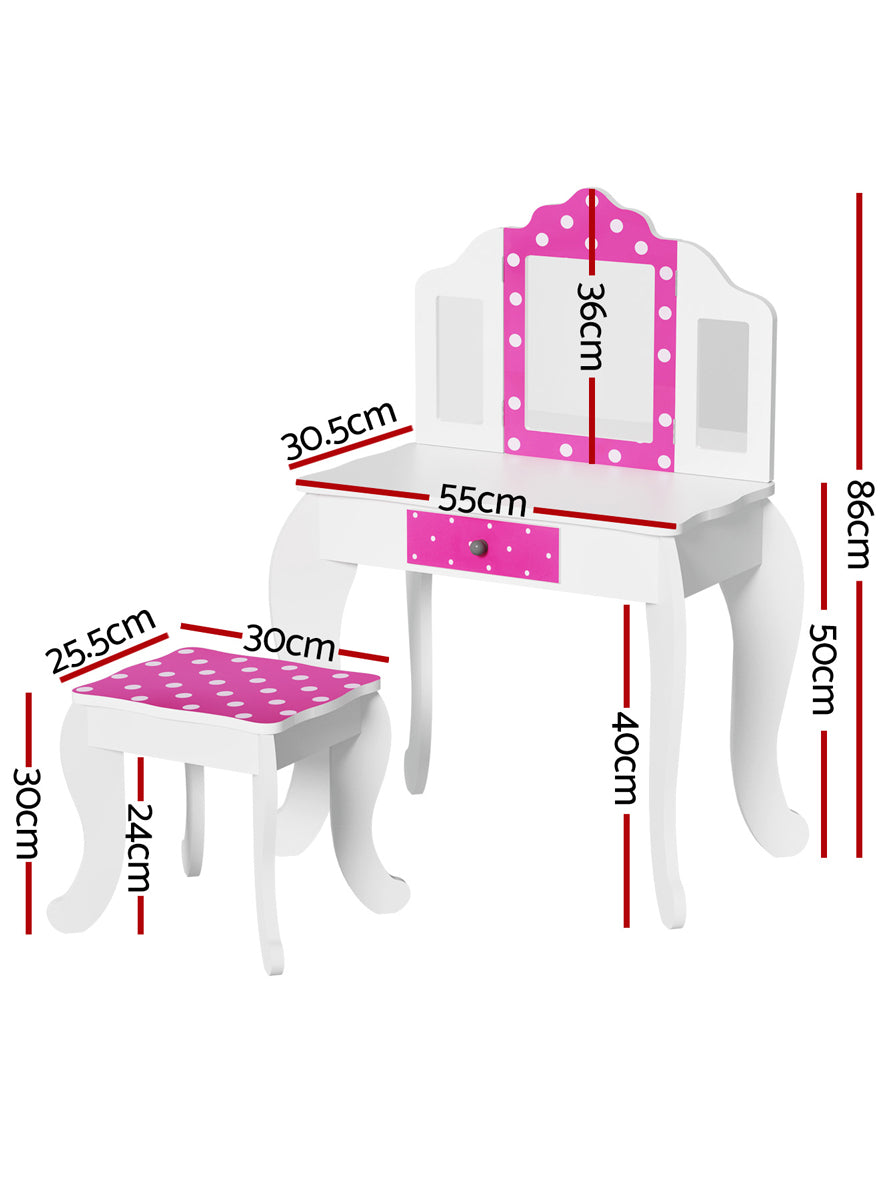 Keezi Kids Pink And White Polka Dot Wooden Vanity Table With Chair - Dimensions Image
